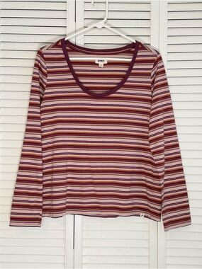 Pact Striped Long Sleeve T-Shirt Women Size L Burgundy Scoop Neck Organic Cotton